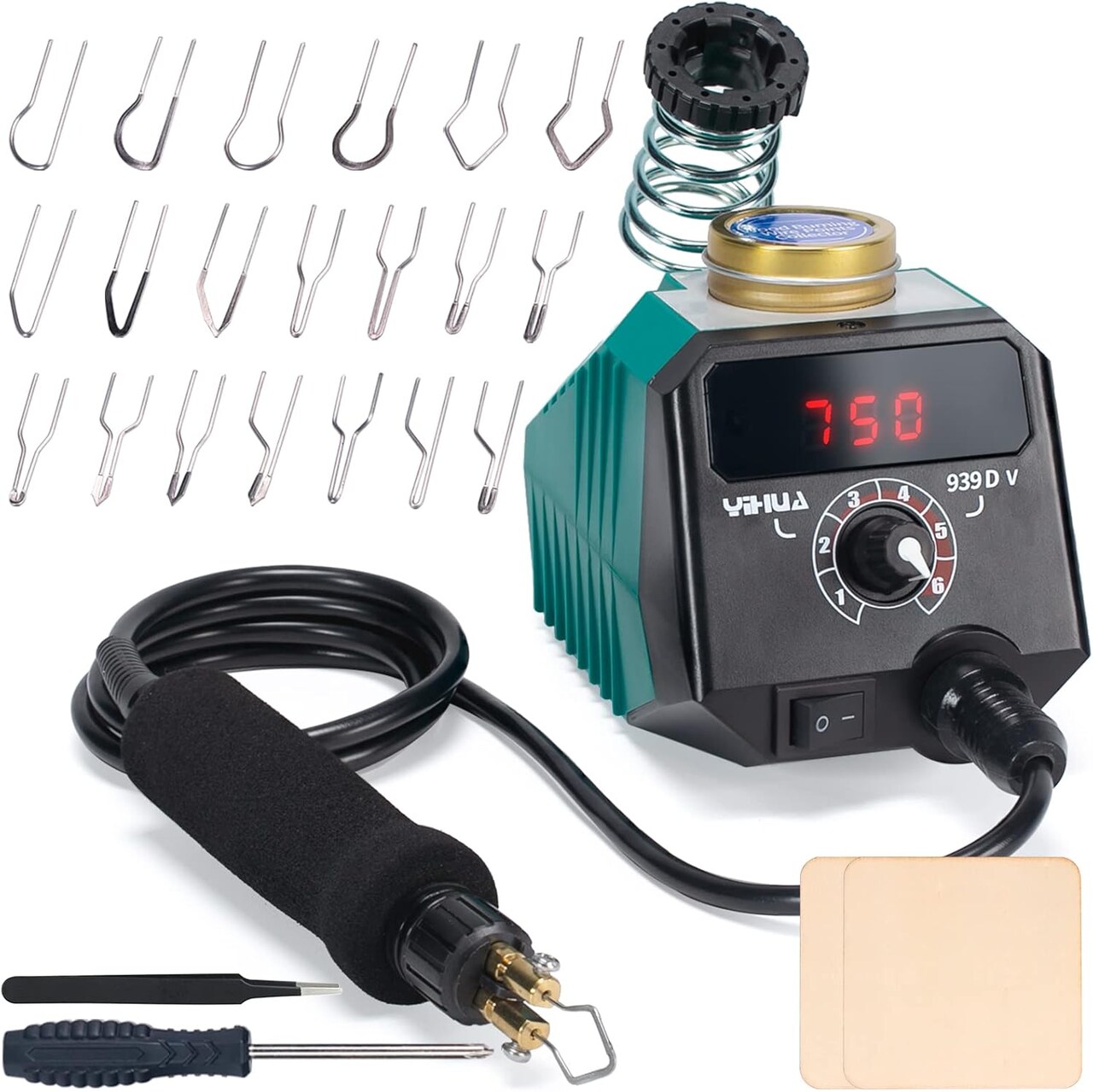 939D-V Wood Burning Kit – Digital Display, Detachable Pen, 20 Nibs, 2 Wood Pieces & Tweezers.